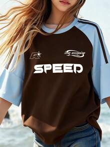 少女休闲“SPEED”字母印花圆领T恤，夏季休闲上衣，新款 - 彩色 - 查看 1