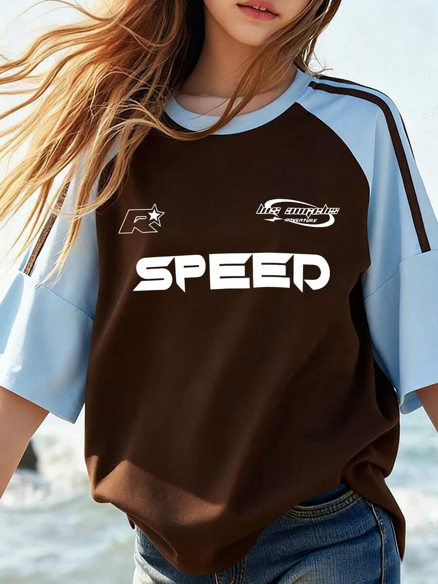 少女休闲“SPEED”字母印花圆领T恤，夏季休闲上衣，新款 - 彩色 - 查看 1