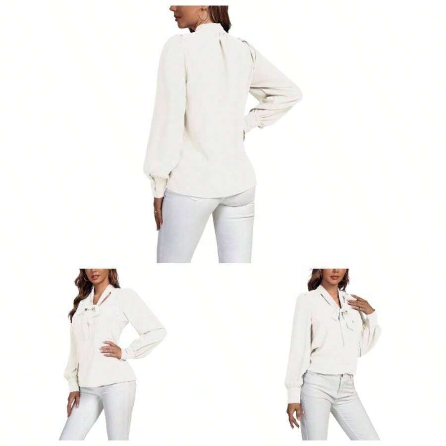 Women's Elegant Bow Tie Neck Long Sleeve Blouse Office Top Shirt - 中號 + 白色 - 查看 1