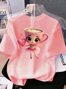 少女卡通印花圆领落肩休闲宽松T恤 - 粉色 - 查看 2