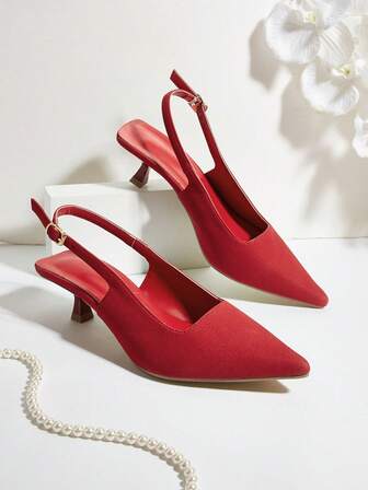 Women's Solid Color Kitten Heel Pumps, Elegant Pointed Toe High Heels, Fashionable Ankle Strap High Heels