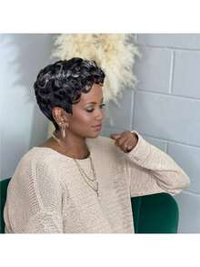 Short Pixie Wigs Short Black Curly Pixie Wigs Synthetic Hair Wigs  Natural Wavy Black Pixie Cut Wig Short Curly Layered Pixie Wig - Multicolor - View 3