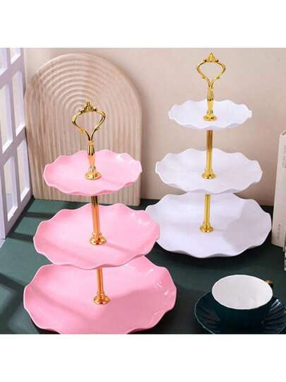 1pc Elegant 3-Tier Plastic Cake Stand With Gold Handle - Fruit Plate, Candy Tray, Home Living Room Coffee Table Dried Fruit Snack Plate, Dessert Plate, Cake Plate, Hard Fruit Plate, Wavy Edge Design, Fashionable And Stylish, Ideal For Dessert Display At Weddings, Birthdays, Afternoon Tea And Other Occasions, Perfect For Decorative Serving And Cake Decorating.