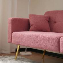 Convertible Sherpa Sofa Bed With Adjustable Backrest, Gold Metal Legs And Side Pockets - Pink + Foam + 2 Seat - View 10