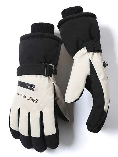 1 Pair Solid Color Polyester Unisex Ski Gloves, Outdoor Sports Windproof Warm Thicken Gloves With Zipper Pocket & Touchscreen Capability, Suitable For Winter