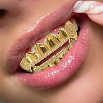 1 Set de Grillz de metal brillante con 6 dientes de circonita lisa, accesorios de fiesta y regalo para ocasiones especiales, unisex