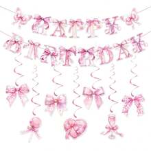 Bow Party Birthday Banner Girl's Birthday Pink Bow Spiral Ornament Spring Butterfly Pink Bow Birthday Party - Pink - View 8