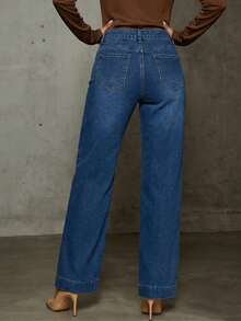 Plus Size Women High Waist Flare Leg Jeans, Elastic Loose Fit 7/8 Length Denim Pants With Pockets Casual Spring - Dark Wash - View 4