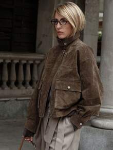 Women's Winter Fashion Solid Color Faux Leather Bomber Jacket, Vintage Collar Zipper Decor Pockets, Street Style - Brown - View 4