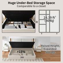 Premium Linen Queen/King Platform Bed Frame With Wide Gold-Accent Headboard, Hydraulic Lift Storage, Solid Platform Base, Noise-Free Support, No Box Spring Needed, Tool-Free Assembly, White/Mink | Bedroom Furniture Guest Room Decor - trắng - Xem 5