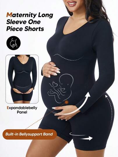Maternity High Stretch Expandable Tummy Long Sleeve One Piece Shorts Comfortable Everyday