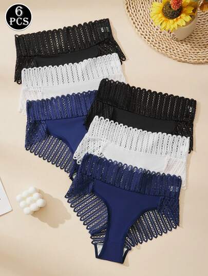 6条/套 女士性感无缝蕾丝半透明中腰纯色内裤
