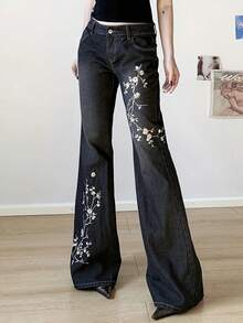 Women's Black Wash Floral Embroidery High Waist Flared Boot Cut Jeans Y2K Vintage Boho Streetwear Denim Pants For Petite & Tall – Summer Festival & Going Out Outfits - màu đen - Xem 1