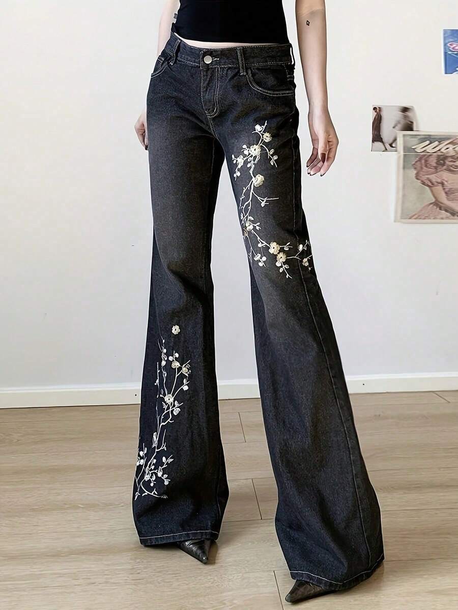 Women's Black Wash Floral Embroidery High Waist Flared Boot Cut Jeans Y2K Vintage Boho Streetwear Denim Pants For Petite & Tall – Summer Festival & Going Out Outfits - màu đen - Xem 1