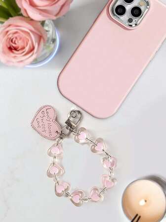 2026 Valentine's Day New Pink Heart Beaded Series Phone Lanyard, Short Pink Heart Tag + Transparent Clip, Anti-Lost Portable Phone Strap, Ins Style Short Universal Keychain, Starry Card Pendant, Earphone Case Decor, Romantic Heart Anti-Lost Chain, Multi-Functional Clasp, High-End Atmosphere Creative Hanging Accessory, Full Of Love