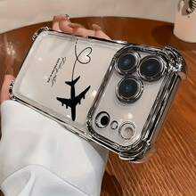 1个飞机航线心形（相机镜头贴膜）奢华时尚防震气囊手机壳，兼容苹果6/7/8/X/XS/XR/11/12/13/14/15/16/16E/17/17PM、三星Galaxy S22/23/24/25/S24 FE/S25 EDGE、A04/05/06/A14/A15/A16/A24/A25/A34、红米Note 7/8/9/10/11/12/13、红米9/10/12/13C - 金色 飛機 - 查看 4