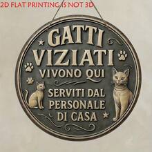 2D平面意大利猫咪墙饰，单件装 - 复古“Gatti Viziati”（意大利语，意为“被宠坏的猫”）圆形木质标牌，饰有爪印和小猫图案，仿木纹悬挂装饰，适合宠物、猫咖、家居装饰 - 意大利语猫咪爱好者礼物，2D平面，圣诞装饰 - 彩色 - 查看 1