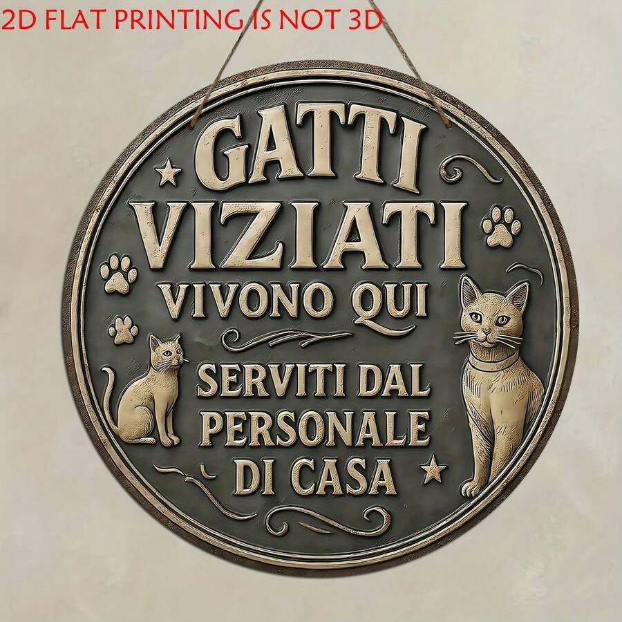 2D平面意大利猫咪墙饰，单件装 - 复古“Gatti Viziati”（意大利语，意为“被宠坏的猫”）圆形木质标牌，饰有爪印和小猫图案，仿木纹悬挂装饰，适合宠物、猫咖、家居装饰 - 意大利语猫咪爱好者礼物，2D平面，圣诞装饰 - 彩色 - 查看 1