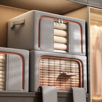 1pc Grey Fabric Storage Box, Large Capacity Foldable Wardrobe Storage Box With Lid, Handles And Steel Frame Support, Dust-Proof And Moisture-Proof, Suitable For Storing Clothes, Blankets, Toys, Etc., Multi-Purpose Storage Box For Bedroom Closet Organization, Winter Storage Accessory, Home Decor