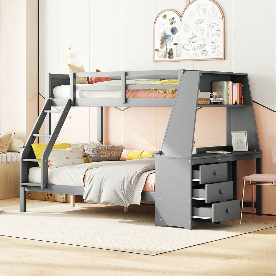 Bunk Bed 0*200cm 140*200cm, Children's Bed, Equipped With A Table, Large Storage Space, High Safety Rail, Grey - Gray + Pine - View 1