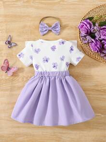 Baby Girl Casual Cute Floral Print Ruffle Sleeve Dress With Bow Headband, Summer - Mauve Purple - View 2