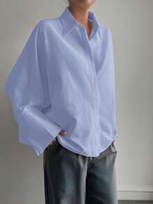 女士法式纯色衬衫，复古魅力，长袖商务面试通勤休闲简约优雅衬衫，适合日常穿着、居家穿着、街头风格，是女士冬季穿搭的理想之选。情人节、新年礼物。 - 藍色 - 查看 3