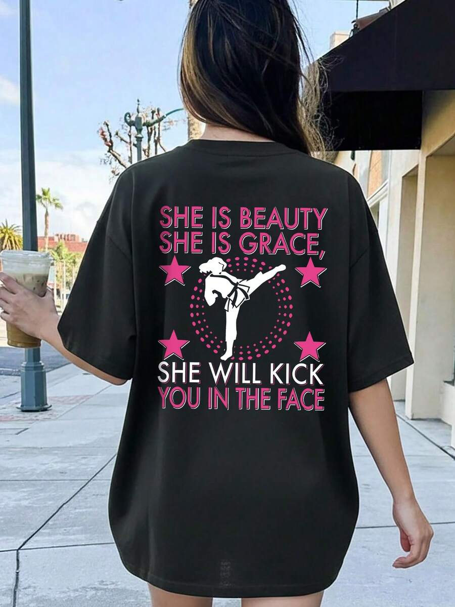 女童休闲印花圆领短袖T恤，夏季学生少女装 - 这款印有舞蹈图案的T恤为每个孩子带来欢乐！她美丽，她优雅！ - 黑色 - 查看 1