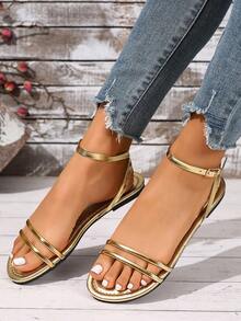 Women's Flat Sandals, Ankle Strap Slip-On Gold Mules, Elegant Faux Leather Casual Shoes, Summer Flat Sandals, Strappy Mules,Slides,Suitable For Vacation And Beach Fun,Round Toe Fine Strip Sparkly Sandals - Gold - View 6