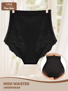 MEIYATING 1pc Plus Size High Waist Seamless Lace Pattern Shaping Briefs For Women - Black - View 5