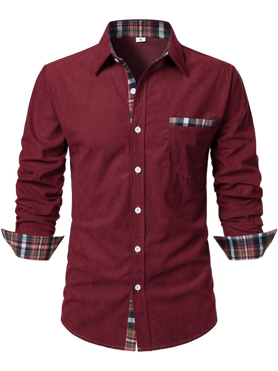 Cămașă bărbătească în carouri cu mânecă lungă, stil business, casual, cu model patchwork, model contrastant