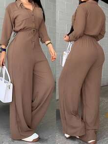 女士时尚黑色长裤，侧边饰有铆钉条纹和吊带，梭织面料，无弹力，适合休闲穿着。 - 駝色 - 查看 1