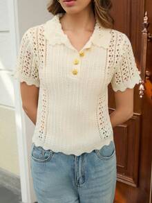 Solid Color Knit Fabric Ribbed Front Button Hollow Short Sleeve Knit Top, Suitable For Everyday Wear In Spring, Summer And Autumn - Apricot - View 8