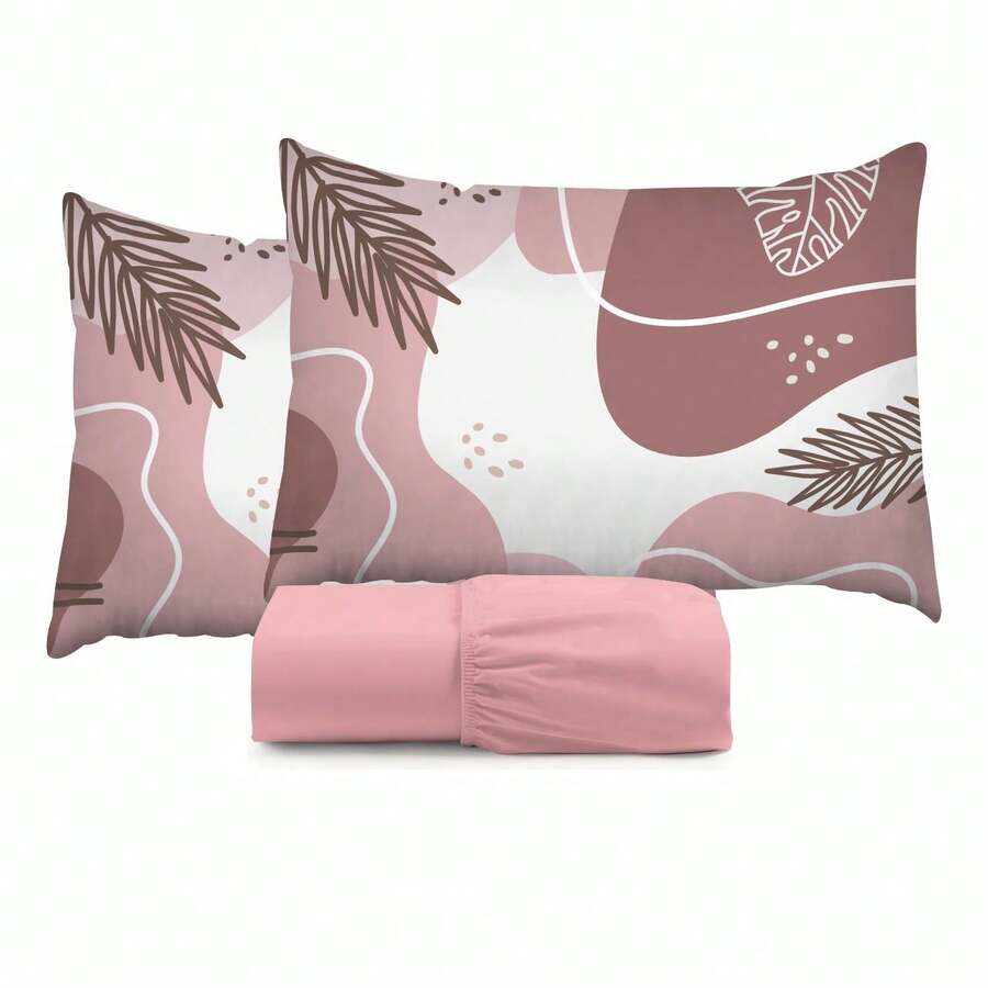 King Size 3-Piece Sheet Set, 400 Thread Count Cotton, Soft Touch, With Elastic And Printed Pillowcases, 50x70cm - 乾枯玫瑰色 - 查看 1