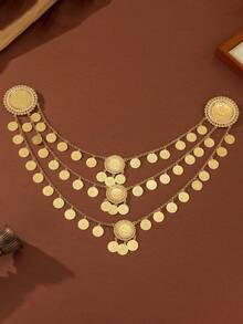 1pc Exaggerated Gold Coin Tassel Women's Clothing Accessory Top Chain, Arabic Style Double Brooch Dress Decor Jewelry, Women's Party, Wedding Wear Body Chain - Yellow - View 5