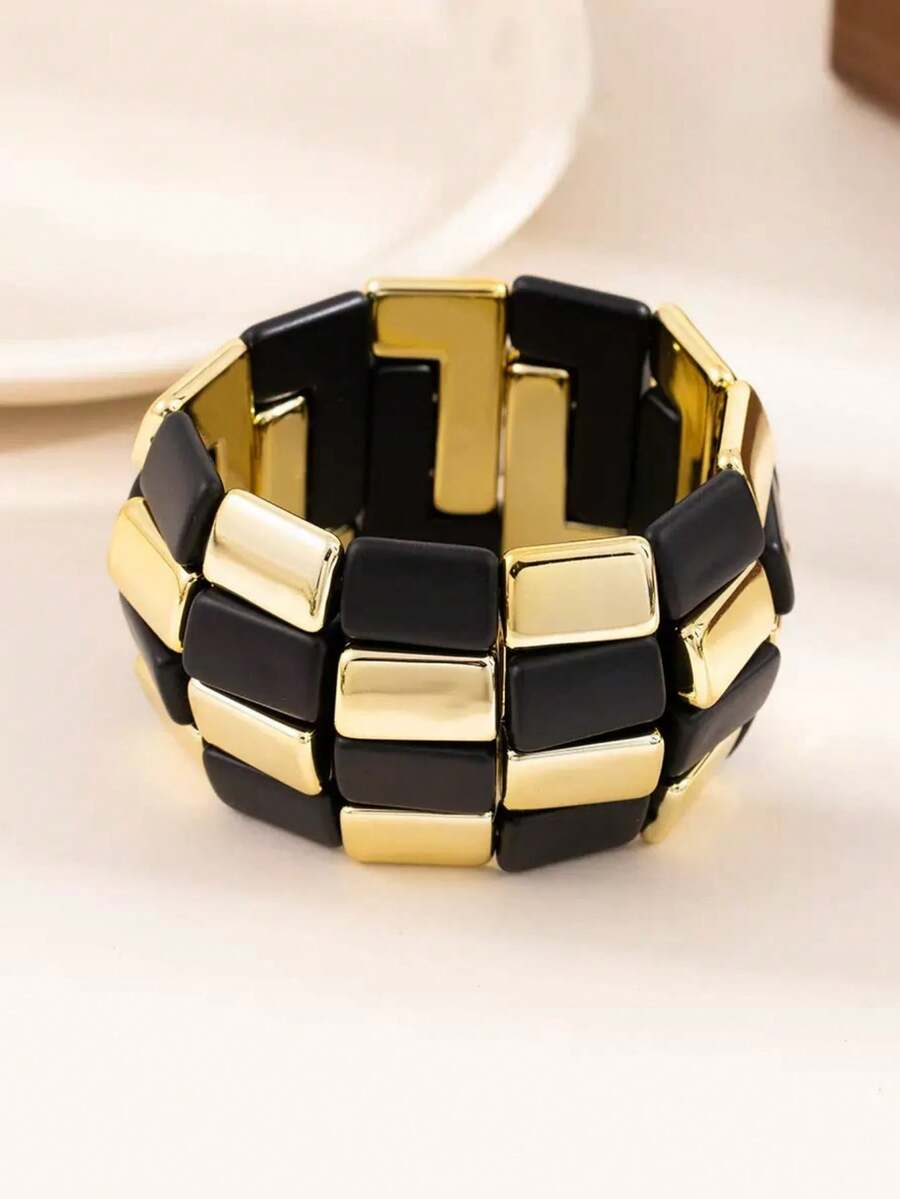 1 buah Gelang Elastis Akrilik Minimalis Fashion Wanita, Cocok untuk Pemakaian Sehari-hari - Hitam + Emas 1322 - View 1