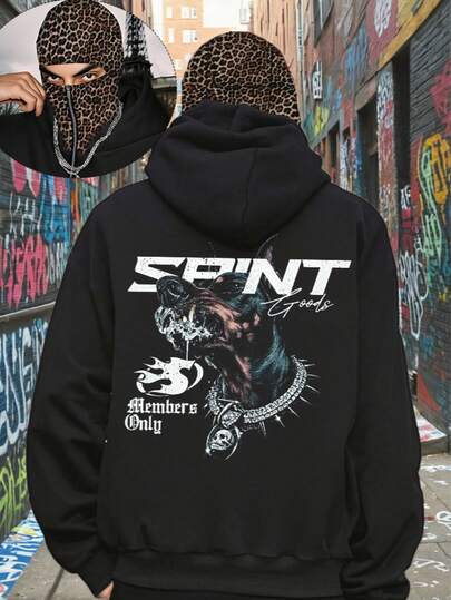 男士时尚杜宾犬印花双帽豹纹连帽夹克，酷炫时尚街头上衣，自然百搭，休闲清爽，舒适百搭，适合秋季男装、冬季男装、派对、户外上衣，时尚男士连帽卫衣，豹纹连帽卫衣。