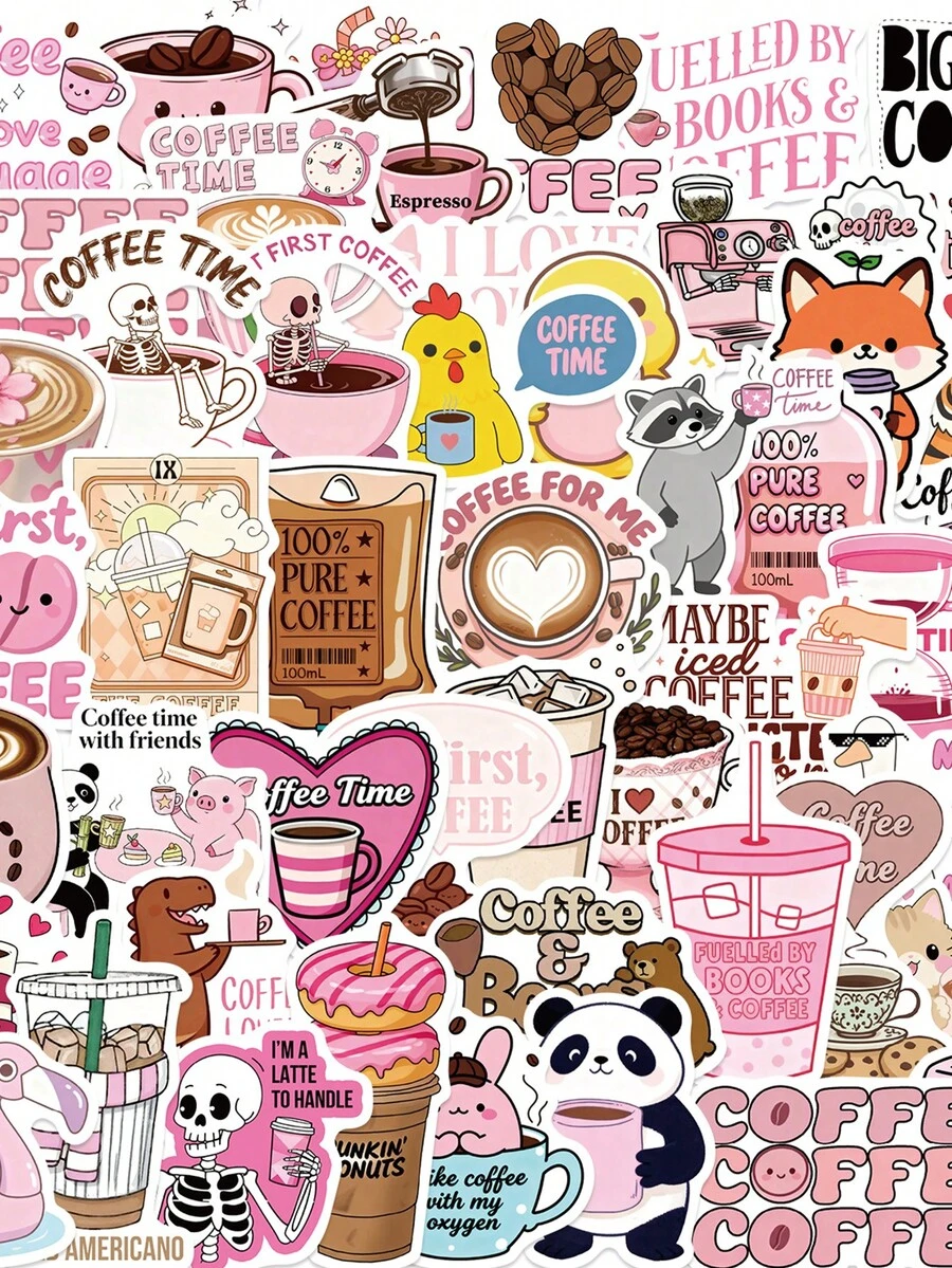 50pcs Funny Coffee Animals Stickers Aesthetic Laptop Car Motorcycle Guitar Luggage Phone Graffiti Sticker Decal - Multicolor - View 1
