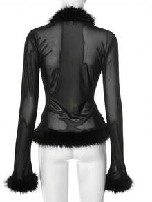 Women Mesh Faux Fur Trim Top Sheer Fuzzy Long Sleeve V Neck Open Front Crop Shirt Y2k Fairy Rave Party Clubwear - màu đen - Xem 10