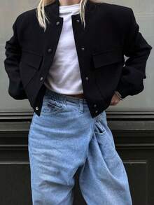 Apperloth A 90s Streetwear Style Oversized Black Flap Pocket Button Front Baseball Collar Loose Fit Bomber Jacket Spring - Black - View 3