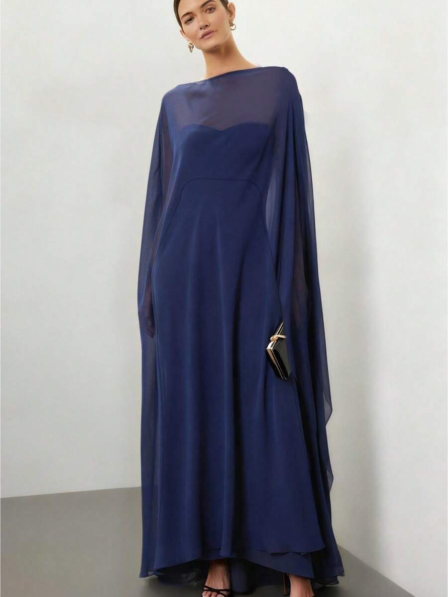 Women Sheer Long Cape Tops - Azul oscuro - Ver 1