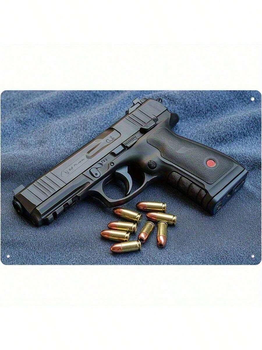 1pc Vintage 17 Caliber Handgun & Bullet Design Metal Sign, Funny Metal Poster, 2D Flat Printing Multi-Purpose Metal Decor, Pre-Drilled Holes For Easy Hanging, Suitable For Room, Home, Kitchen, Office, Garden, Outdoor, Bedroom, Living Room, Cafe, Restaurant, Garage, Bar Decoration - Multicolor - View 1