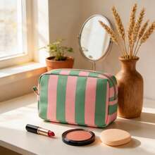 1pc Large Capacity Green & Pink Striped Cosmetic Bag, Portable Travel & Business Toiletry Organizer Bag With Smooth Zipper, Made Of Corduroy, Suitable For Personal Use Or As Holiday & Birthday Gift Makeup Bag Make Up Organizer Toiletry Bag Makeup Storage Makeup Pouch Wash Bag Toiletry Travel Bag Vacation Essentials For Travel Gifts For Women - Multicolor - View 5