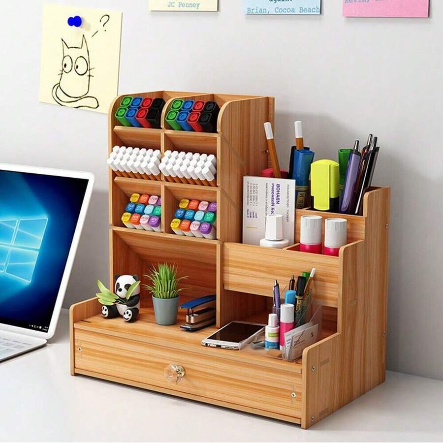 Office Study Desk Organizer Table Box Tidy Case Wooden Pen Pencil Storage Holder - 木質色 - 查看 1