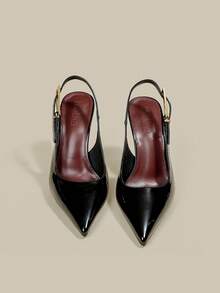 Women's Black Patent Leather Pointed Toe Kitten Heel Pumps, Elegant Formal Fashion Closed Toe Party Dress Shoes With Ankle Strap