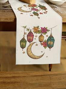 1件复古月亮、灯笼和花朵图案桌旗 - 节日派对装饰，适用于厨房和餐厅，斋月家居装饰，涤纶编织面料，是伊斯兰庆典和节日餐桌布置的理想之选 | 新月形设计 | 精致工艺，伊斯兰家居装饰 - 玫紅色 - 查看 1
