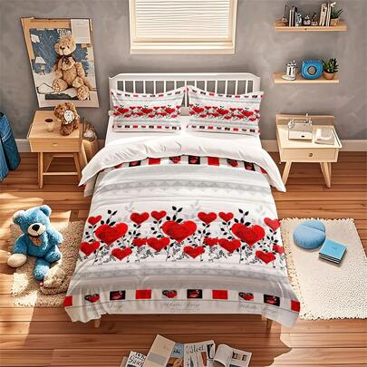 情人节红玫瑰爱心床上用品套装 - 浪漫花卉印花涤纶被套，送给她的完美卧室装饰礼物