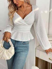 Textured Ruffle Trim, Lantern Sleeve, Crossover Deep V-Neck, Cropped Fitted Waist Design, Cotton Jacquard Fabric, Pure White Blouse, French Romantic Goddess Style, Suitable For Dates, Outings, Afternoon Tea, Spring/Summer - White - View 6