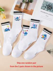 1 Pair/5 Pairs/10 Pairs Women's Mid-Calf Socks - Disney Stitch Pattern, Couple Mid-Calf Socks, Two-Stripe Sports Mid-Calf Socks, Versatile Style, Suitable For Daily Wear And As Holiday Gifts - Multicolor - View 10