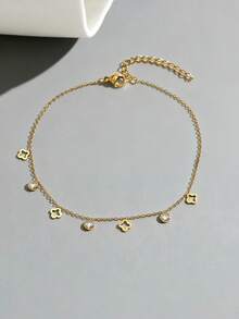 1条幸运四叶草吊坠脚链，立方氧化锆吊坠，不锈钢材质，18K镀金，精致时尚，适合作为礼物、日常佩戴或海滩度假配饰。 - 鋯石四葉草腳鍊 - 查看 2