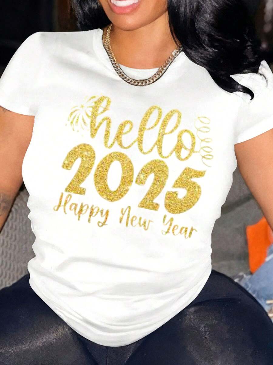 Año Nuevo 2025 Diseño Brillante con Texto Hello 2025 Happy New Year Camiseta para Mujer Camiseta de Manga Corta para Mujeres Fiesta de Año Nuevo - Blanco - Ver 1